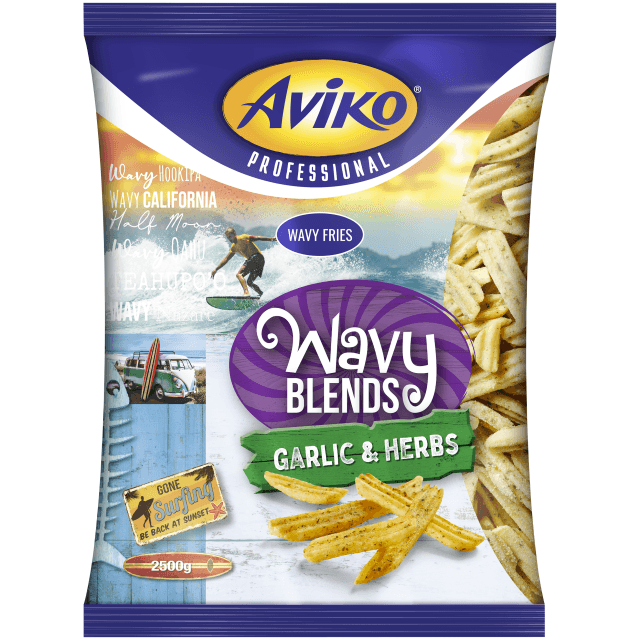 Aviko Wavy Blends färdigkryddade vågiga pommes för loaded fries